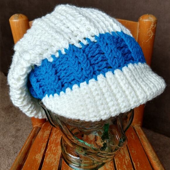 White Slouchy Hat with a Brim blue band crochet handmade OSFM ready to ship main image 6